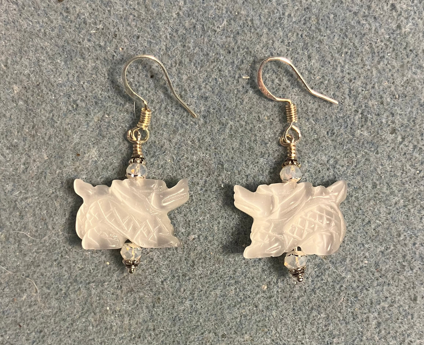 Opalite gemstone dragon bead earrings adorned with white Chinese crystal beads.