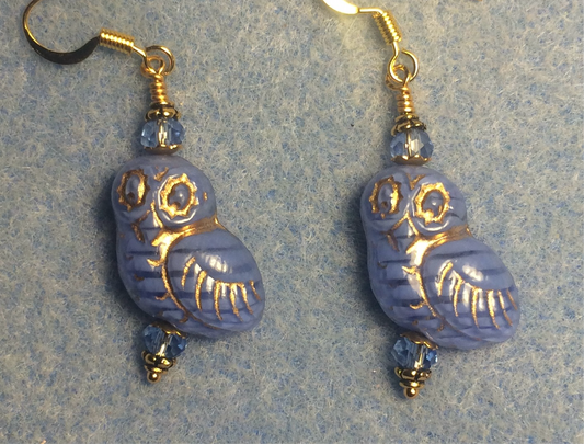 Blue striped (with gold wash) fancy Czech glass owl bead earrings adorned with blue Chinese crystal beads.