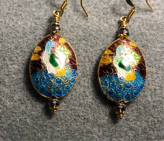 Dark red, blue, and white cloisonné peacock bead earrings adorned with dark red Chinese crystal beads.