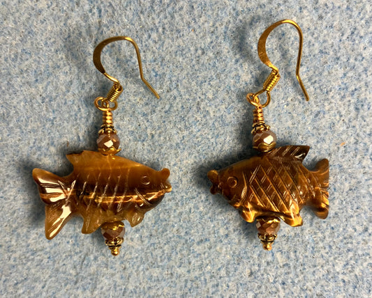 Brown tigereye jasper gemstone fish bead earrings adorned with brown Chinese crystal beads.