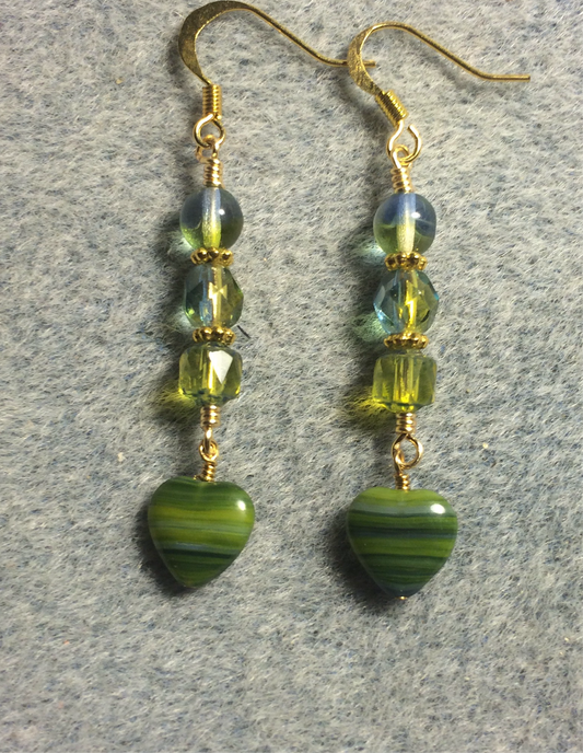 Small blue green striped Czech glass heart bead earrings adorned with blue green Czech glass beads.