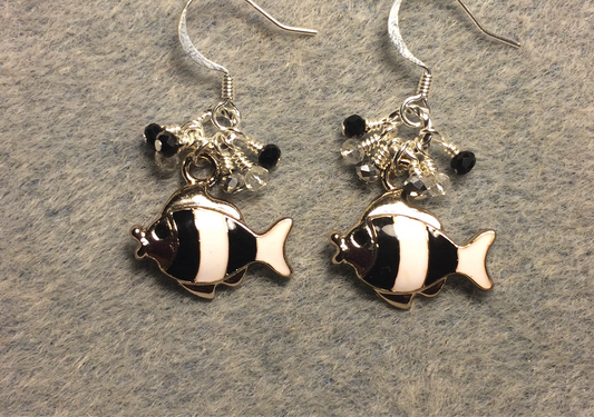 Black and white enamel striped fish charm earrings adorned with tiny dangling black and clear Chinese crystal beads.