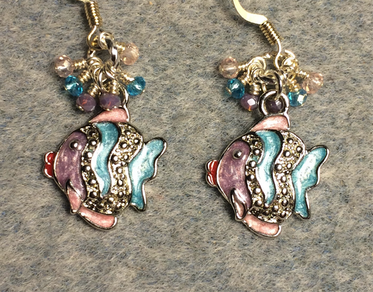 Violet, aqua, and pink enamel and rhinestone angelfish charm earrings adorned with tiny dangling violet, blue, and pink Chinese crystal beads.