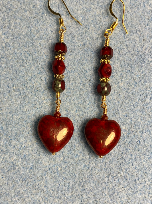 Blood red Czech glass heart bead earrings adorned with blood red Czech glass beads.