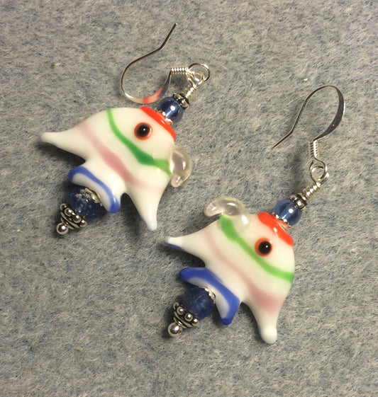 Blue, pink, green, and white lamp work striped angelfish bead earrings adorned with blue Czech glass beads.