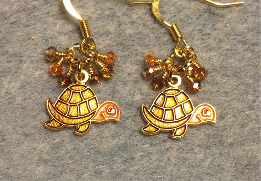 Vintage orange, gold, and amber enamel turtle charm earrings adorned with tiny dangling orange, gold, and amber Chinese crystal beads.