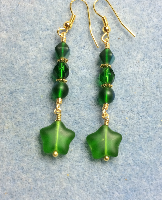 Small emerald green Czech glass star bead earrings adorned with emerald green Czech glass beads.