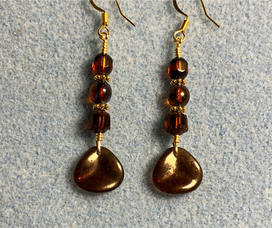 Dark brown Czech glass rose petal earrings adorned with dark brown Czech glass beads.