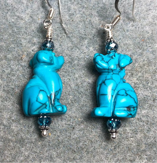 Turquoise howlite gemstone dog bead earrings adorned with turquoise Chinese crystal beads.
