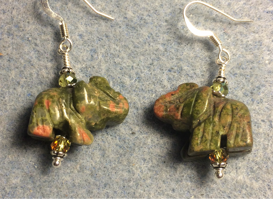 Green and orange unakite gemstone elephant bead earrings adorned with sparkly green Chinese crystal beads.