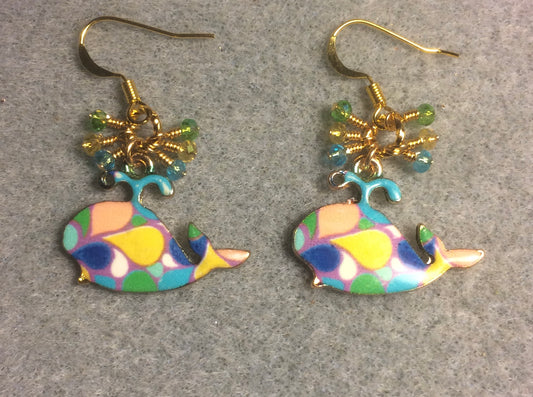 Colorful enamel whale charm earrings adorned with tiny dangling aqua, amber, and green Chinese crystal beads.