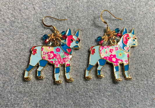 Large turquoise, pink, and aqua enamel boxer charm earrings adorned with tiny dangling turquoise, pink, and aqua Czech glass beads.