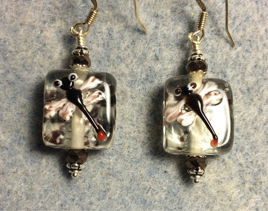 Clear, brown, and off white lamp work dragonfly bead earrings adorned with brown Chinese crystal beads.
