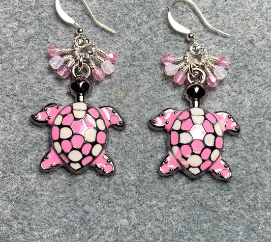 Large pink and white enamel turtle charm earrings adorned with small dangling pink and white Czech glass beads.