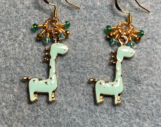 Light aqua enamel spotted giraffe charm earrings adorned with tiny dangling aqua, gold, and teal Chinese crystal beads.