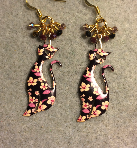 Rose, pink, and black enamel flowered cat charm earrings adorned with tiny dangling rose and black Chinese crystal beads.