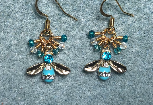 Gold and turquoise enamel and rhinestone honeybee charm earrings adorned with tiny dangling turquoise and clear Chinese crystal beads.