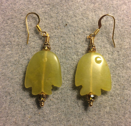 Green new jade gemstone fish bead earrings adorned with sparkly olive green Chinese crystal beads.