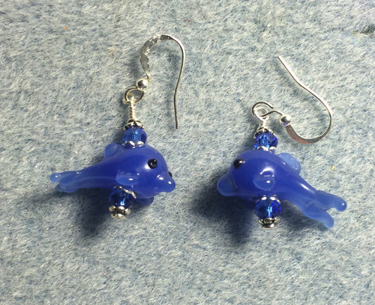 Small blue lamp work dolphin bead earrings adorned with blue Chinese crystal beads.