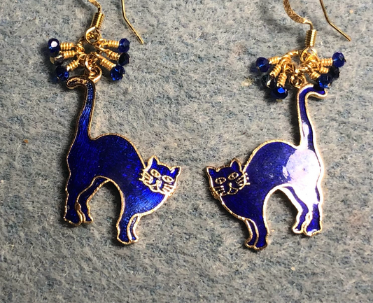 Dark blue and gold cloisonné cat charm earrings adorned with tiny dangling dark blue Chinese crystal beads.