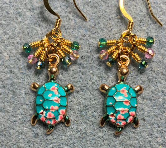 Turquoise and pink enamel turtle charm earrings adorned with tiny dangling turquoise and pink Chinese crystal beads.