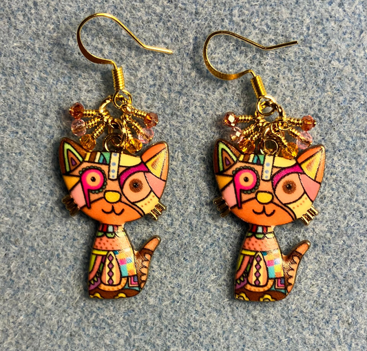 Orange and pink enamel cat charm earrings adorned with tiny dangling orange and pink Chinese crystal beads.