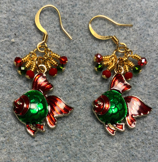 Red and green enamel angelfish charm earrings adorned with tiny dangling red and green Chinese crystal beads.