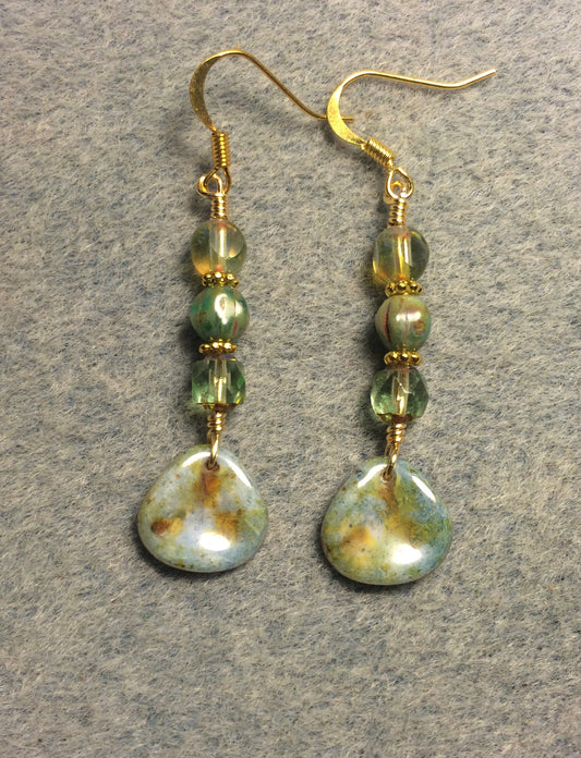 Light green Picasso Czech glass rose petal earrings adorned with light green Czech glass beads.