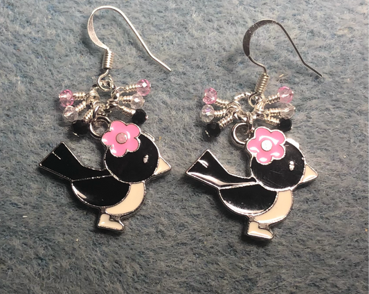 Black, white, and pink enamel bird charm earrings adorned with tiny dangling black, clear, and pink Chinese crystal beads.