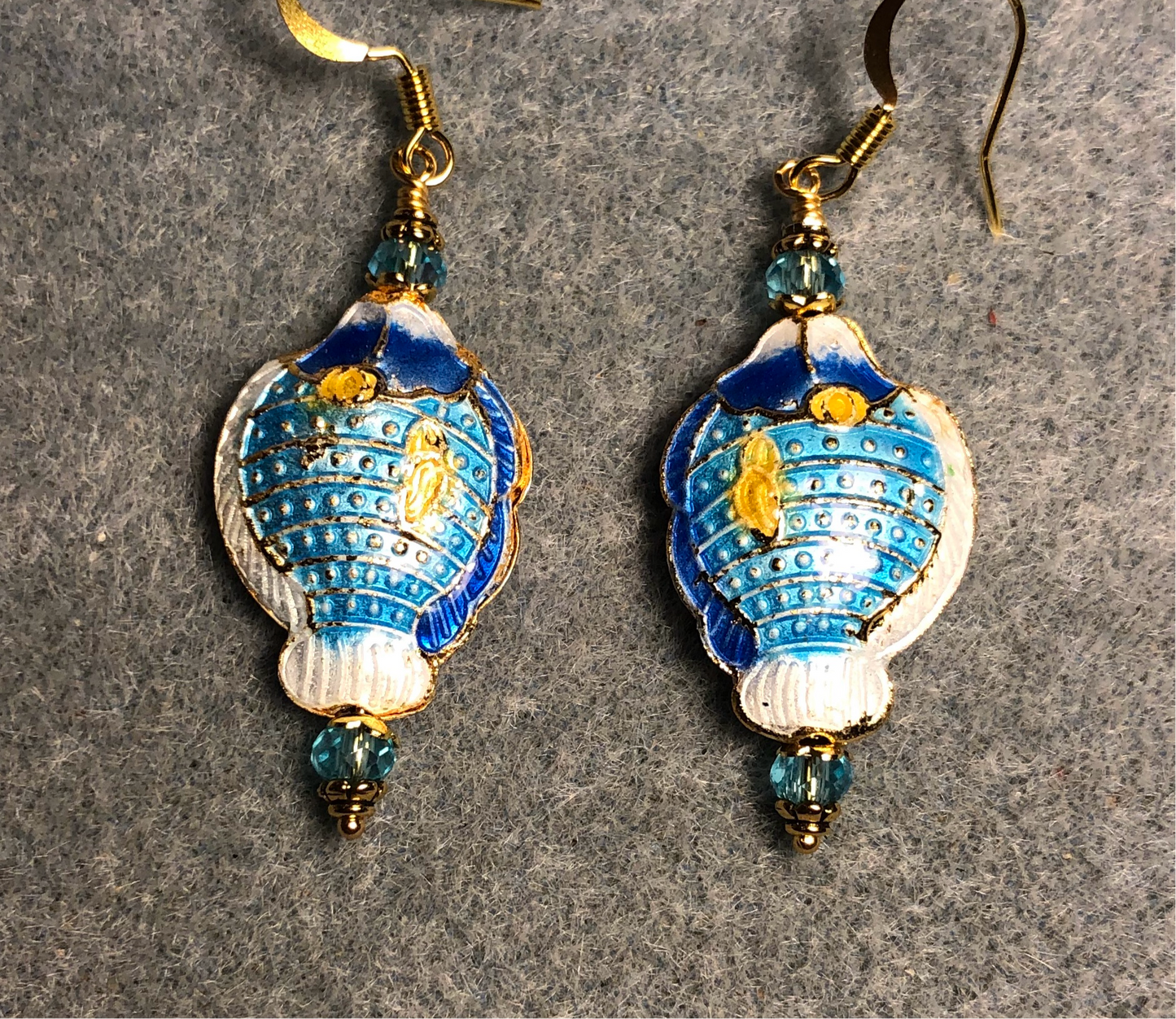 Turquoise and dark blue cloisonné fish bead earrings adorned with turquoise Chinese crystal beads.