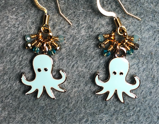 Light aqua enamel octopus charm earrings adorned with tiny dangling aqua, gold, and turquoise Chinese crystal beads.