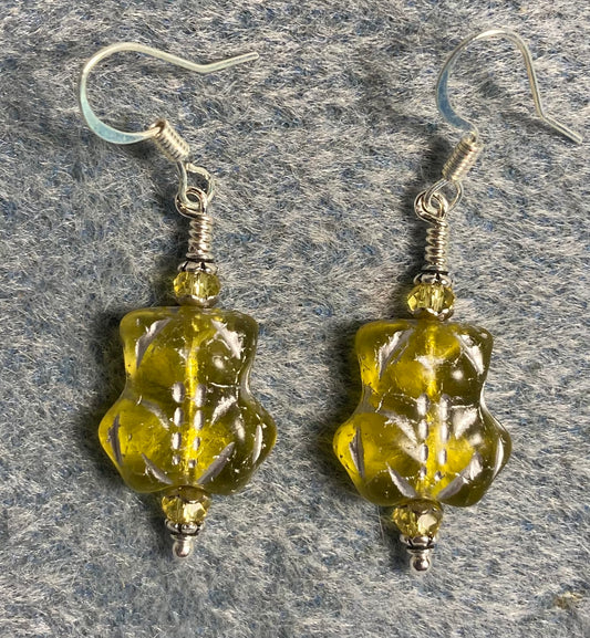 Translucent yellow (with silver inlay) Czech glass frog bead earrings adorned with yellow Chinese crystal beads.