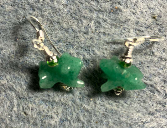 Small green aventurine gemstone frog bead earrings adorned with small green Chinese crystal beads.