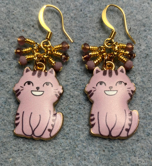 Lavender enamel cat charm earrings adorned with tiny dangling lavender Chinese crystal beads.