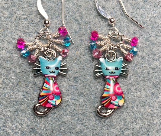 Small turquoise and pink enamel cat charm earrings adorned with tiny dangling turquoise and pink Chinese crystal beads.