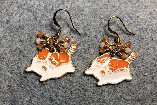 Orange and white enamel cat charm earrings adorned with tiny dangling orange and white Chinese crystal beads.