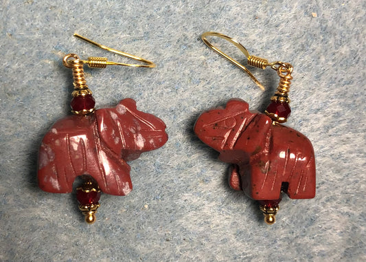 Red Indian agate gemstone elephant bead earrings adorned with dark red Chinese crystal beads.