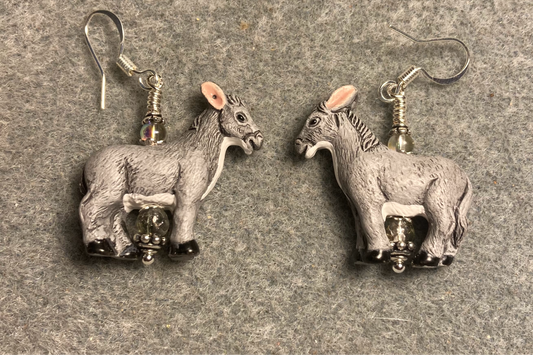 Large gray ceramic donkey bead earrings adorned with clear Czech glass beads.