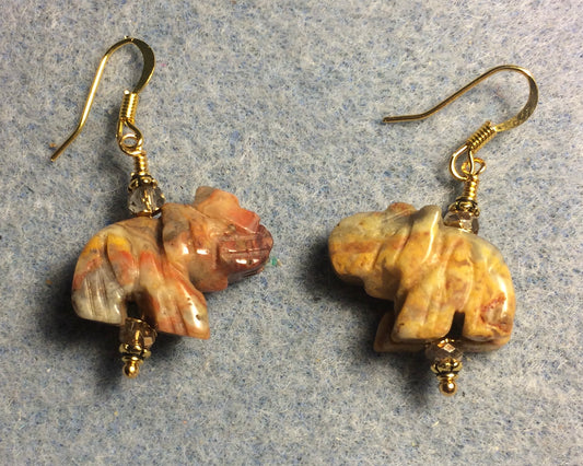 Yellow crazy agate gemstone elephant bead earrings adorned with gold Chinese crystal beads.