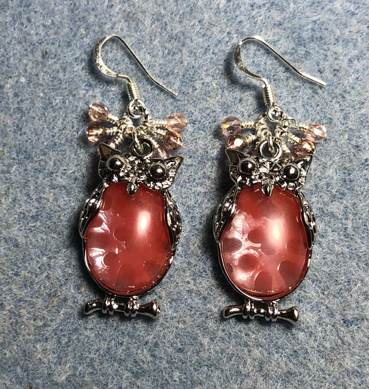 Large silver and cherry quartz gemstone owl charm earrings adorned with small dangling rose and pink Czech glass beads.
