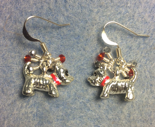 Silver and red enamel Schnauzer charm earrings adorned with tiny dangling clear, red, and silver Chinese crystal beads.