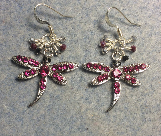 Purplish pink rhinestone dragonfly charm earrings adorned with tiny dangling purple, black, and silver Chinese crystal beads.