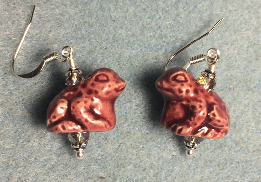 Rose pink ceramic frog bead earrings adorned with pink Chinese crystal beads.