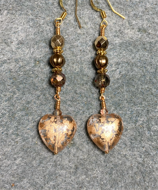 Sparkly gold Czech glass heart bead earrings adorned with gold Czech glass beads.