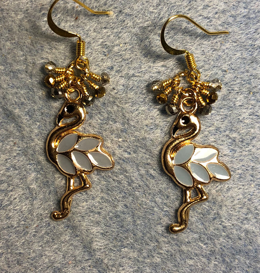Gray and gold enamel flamingo charm earrings adorned with tiny dangling gray and gold Chinese crystal beads.
