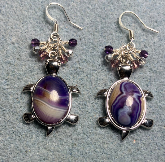 Large silver and purple agate gemstone turtle charm earrings adorned with small dangling purple and silver Czech glass beads.