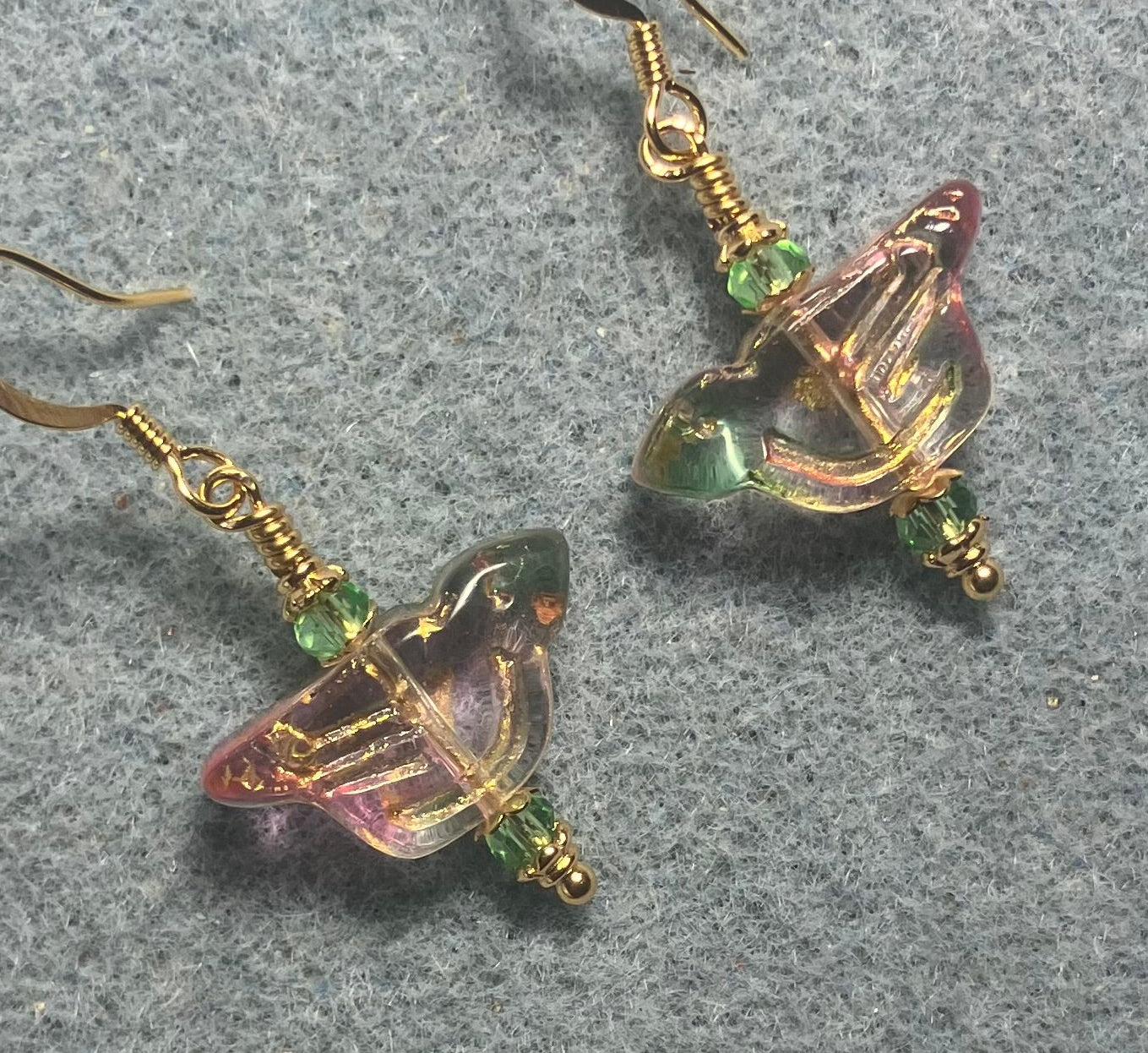 Translucent light green and pink (with gold wash) Czech glass bird bead earrings adorned with light green Chinese crystal beads.