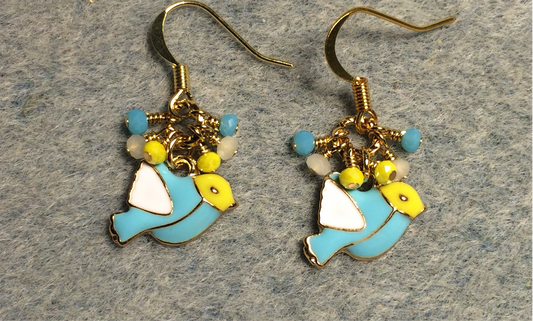 Small turquoise, yellow, and white enamel bird charm earrings adorned with tiny dangling turquoise, yellow, and white Chinese crystal beads.