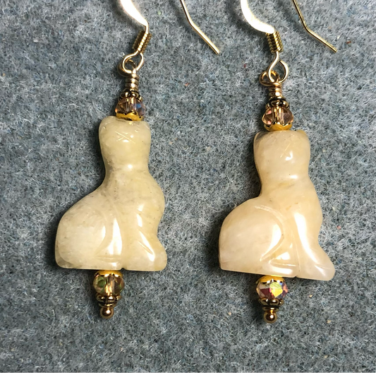 Yellow jadeite gemstone cat bead earrings adorned with amber Chinese crystal beads.