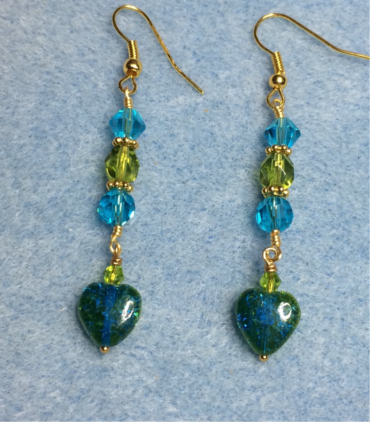 Small turquoise and olive green Czech glass heart bead earrings adorned with turquoise and olive green Czech glass beads.